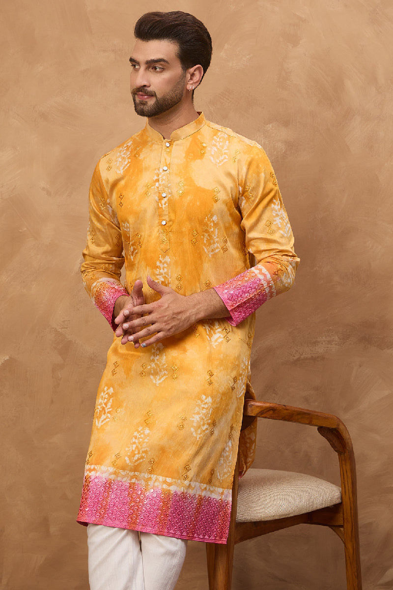 Yellow Silk Blend Batik Embroidered Straight Kurta MKU1513