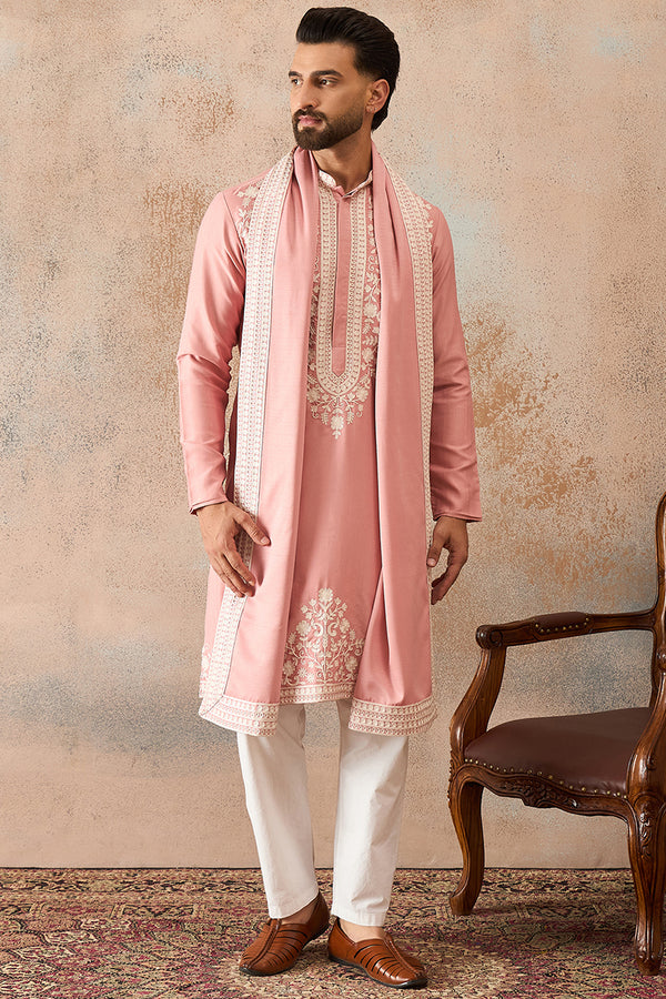 Peach Silk Blend Solid Embroidered Kurta With Dupatta MKUD1041