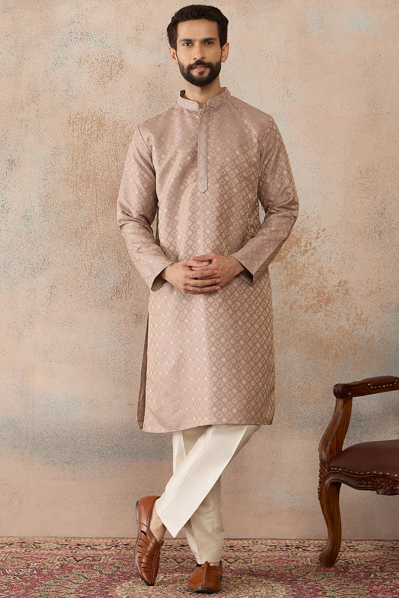 Taupe Jacquard Ethnic Motifs Embroidered Kurta MKU2324