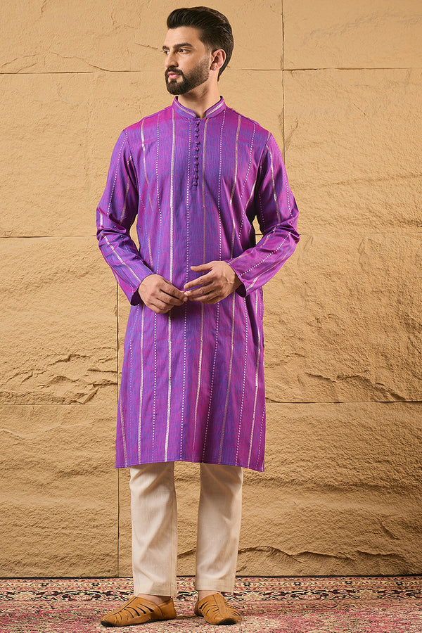 Purple Pure Cotton Solid Embroidered Straight Kurta with Trouser MKSET1194
