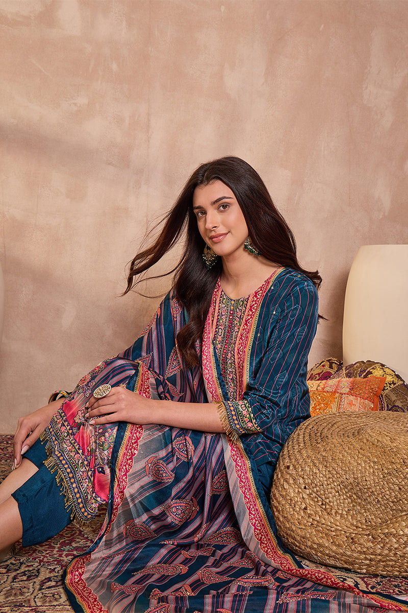 Blue Viscose Rayon Embroidered Kurta Trouser With Dupatta  HPKSKD2800