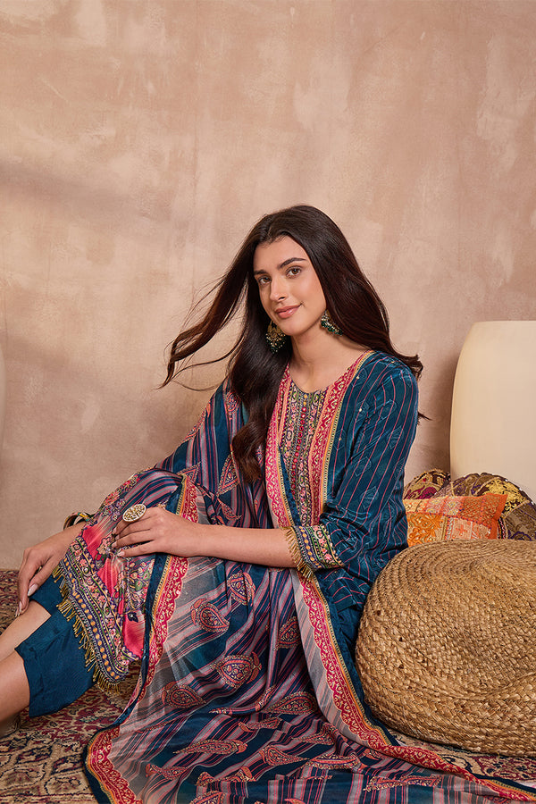 Blue Viscose Rayon Embroidered Kurta Trouser With Dupatta  HPKSKD2800