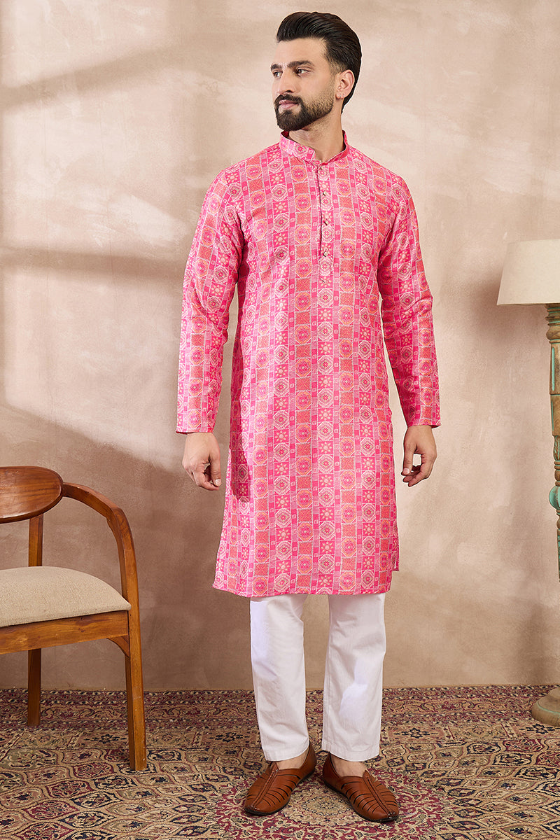 Pink Silk Blend Ethnic Motifs Printed Straight Kurta With Trouser MKSET1990