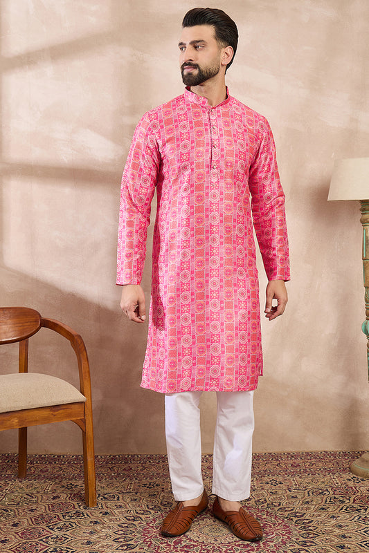 Pink Silk Blend Ethnic Motifs Printed Straight Kurta With Trouser MKSET1990