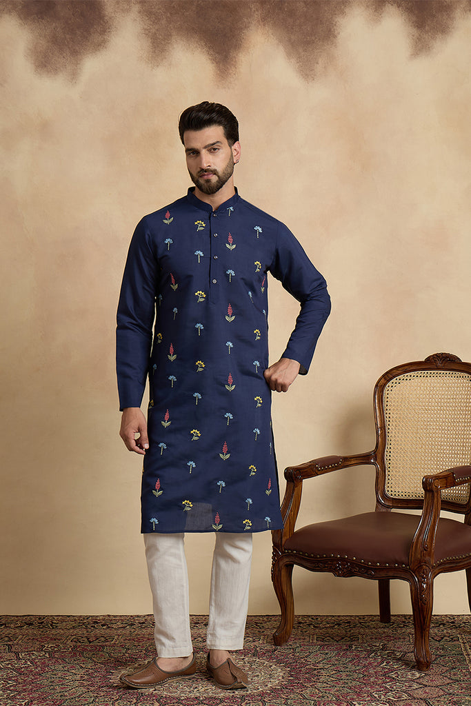 Navy Blue Silk Blend Solid Embroidered Thread Work Kurta With Trouser MKSET2468