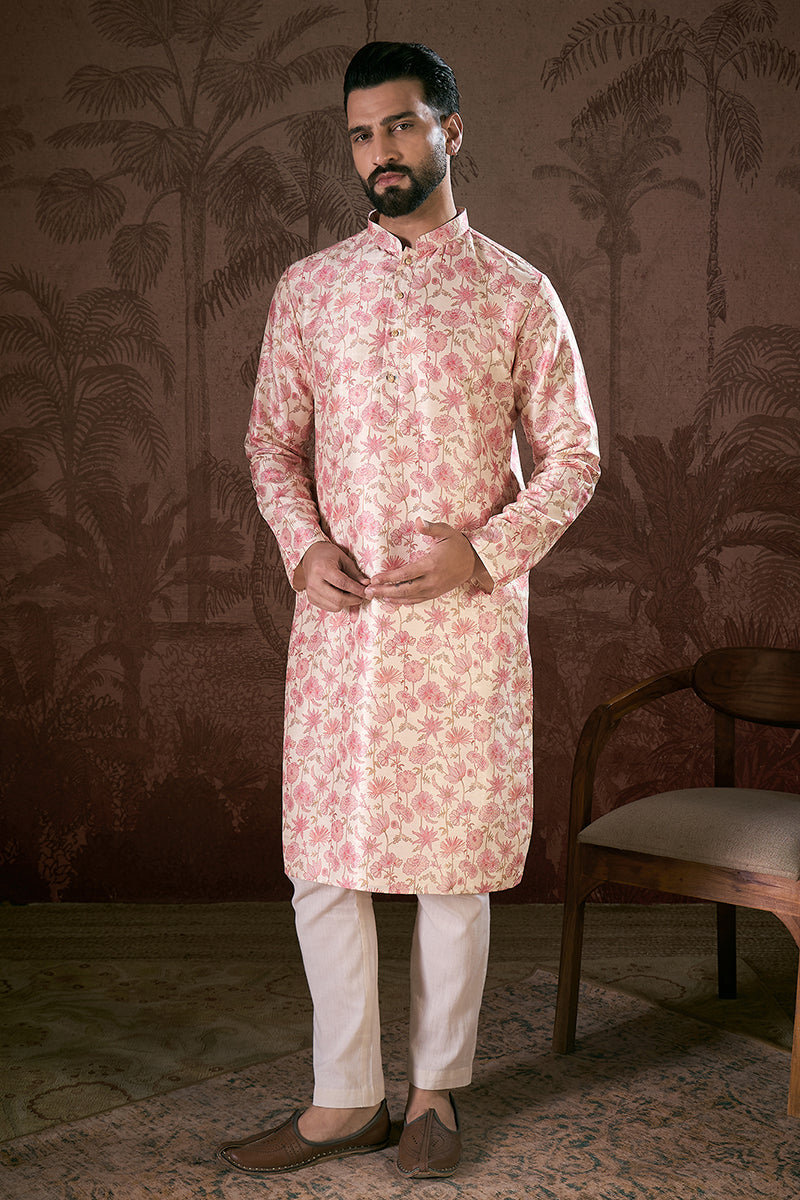 Off White Silk Blend Floral Printed Straight Kurta MKU1908