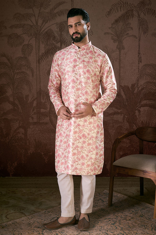 Off White Silk Blend Floral Printed Straight Kurta MKU1908