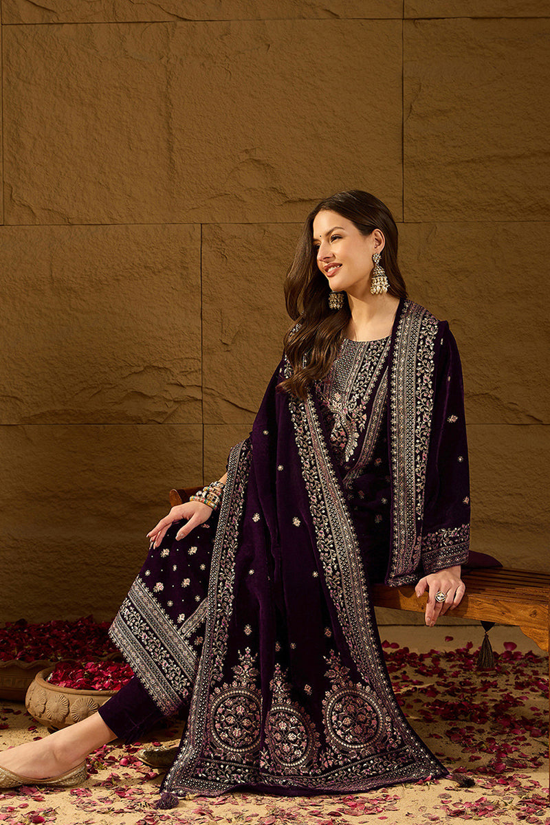 Purple Velvet Ethnic Motifs Printed Straight Trousers Suit Set PKSKD2883