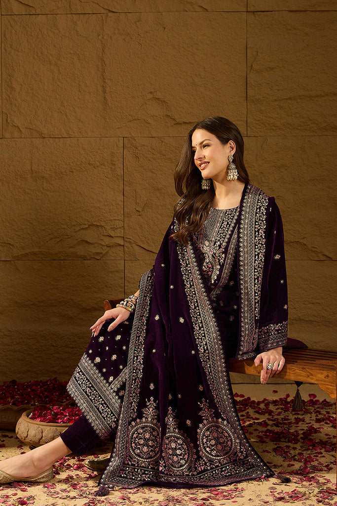 Purple Velvet Ethnic Motifs Printed Straight Trousers Suit Set PKSKD2883