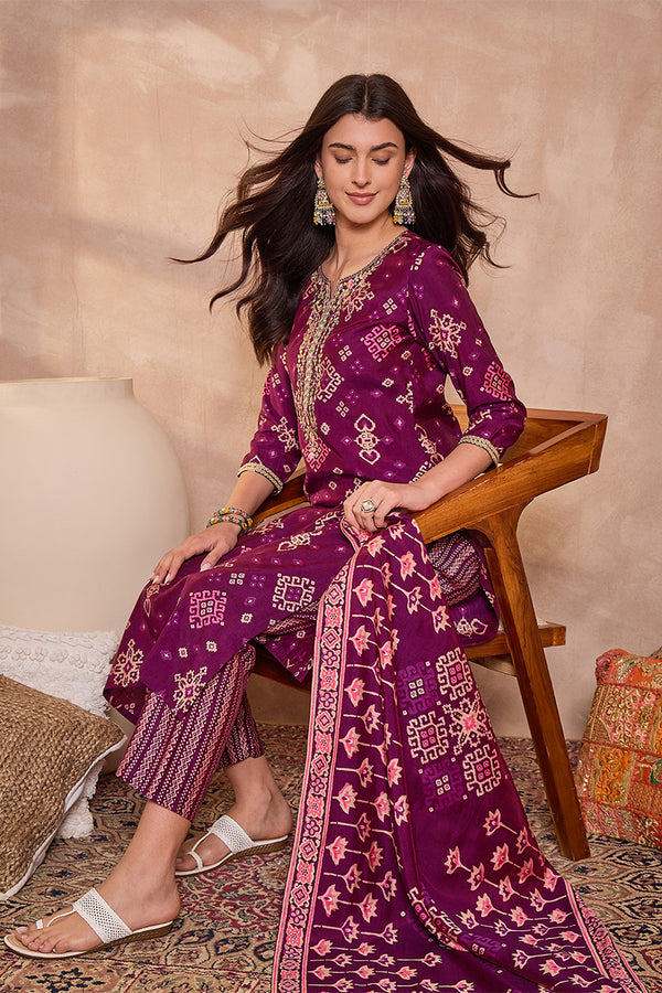 Purple Silk Blend Ethnic Motifs Printed Straight Kurta Trouser With Dupatta PKSKD3231