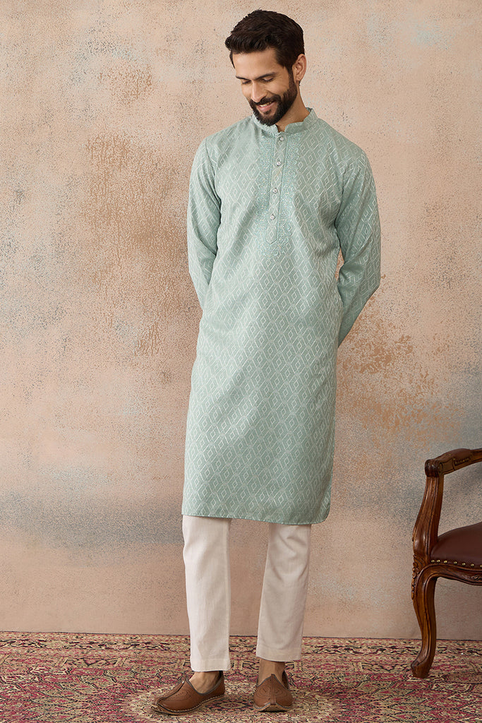 Green Linen Blend Geometric Woven Design Kurta MKU2365