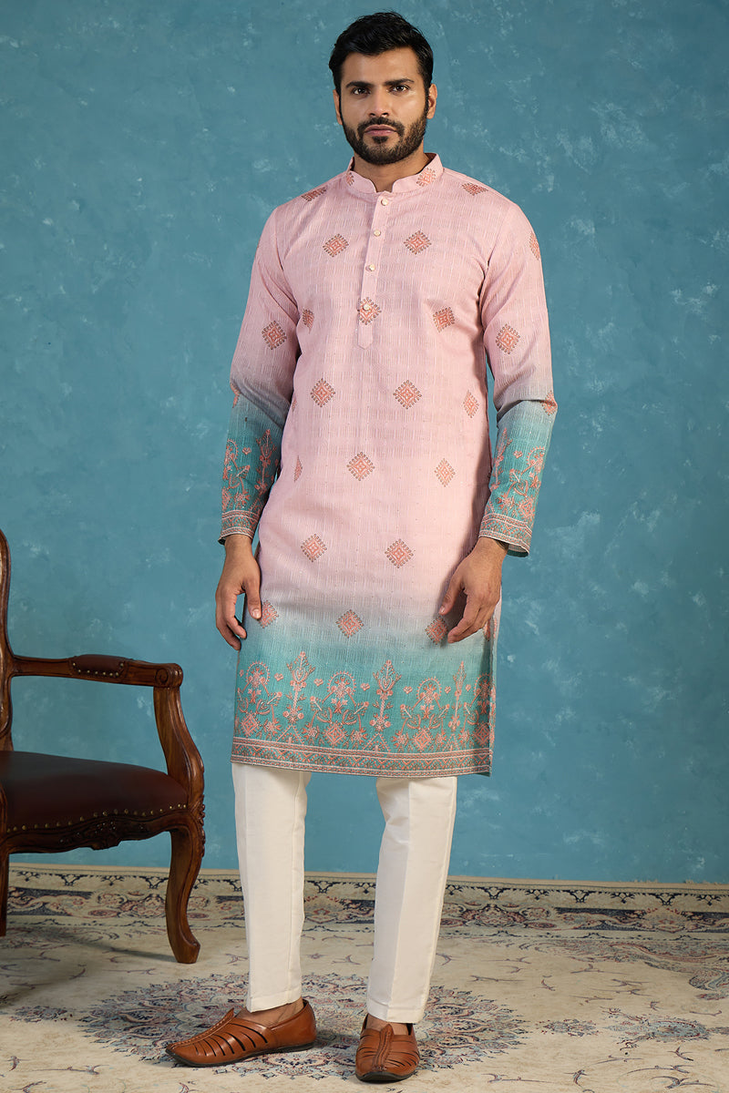Peach Silk Blend Woven Design Calf Length Straight Regular Kurta With Trouser MKSET2348