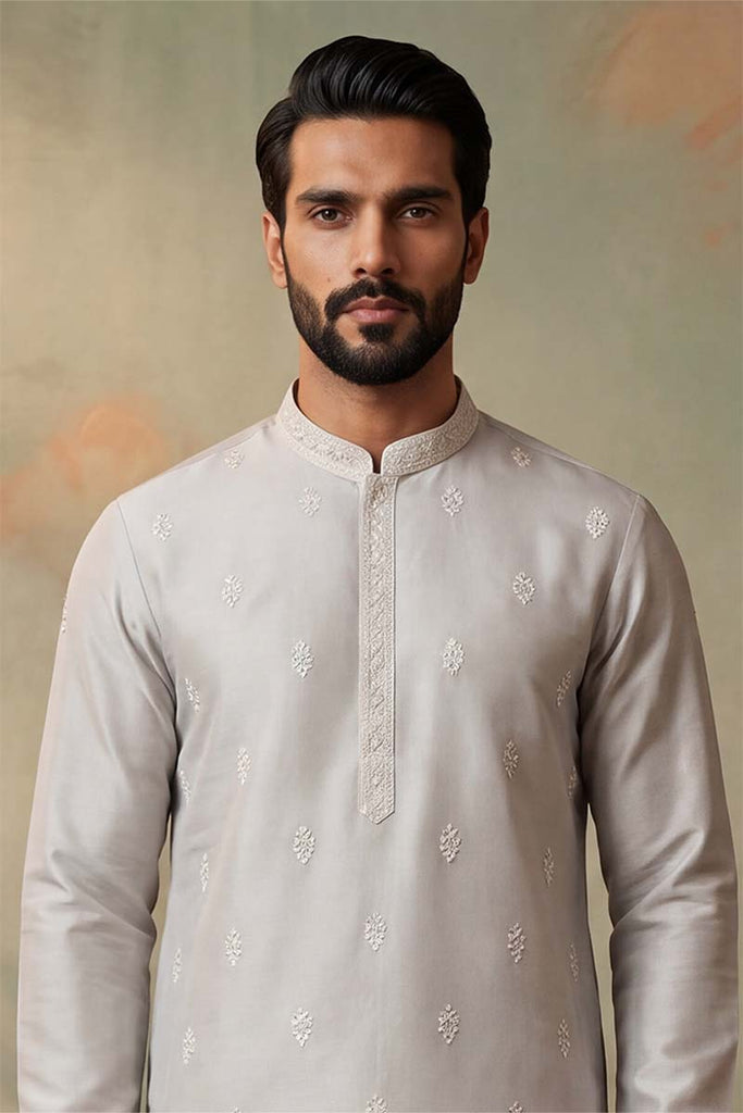 Silk Blend Silver Solid Embroidered Calf Length Straight Kurta With Trousers MKSET2273