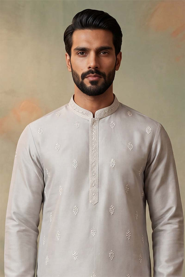 Silk Blend Silver Solid Embroidered Calf Length Straight Kurta With Trousers MKSET2273