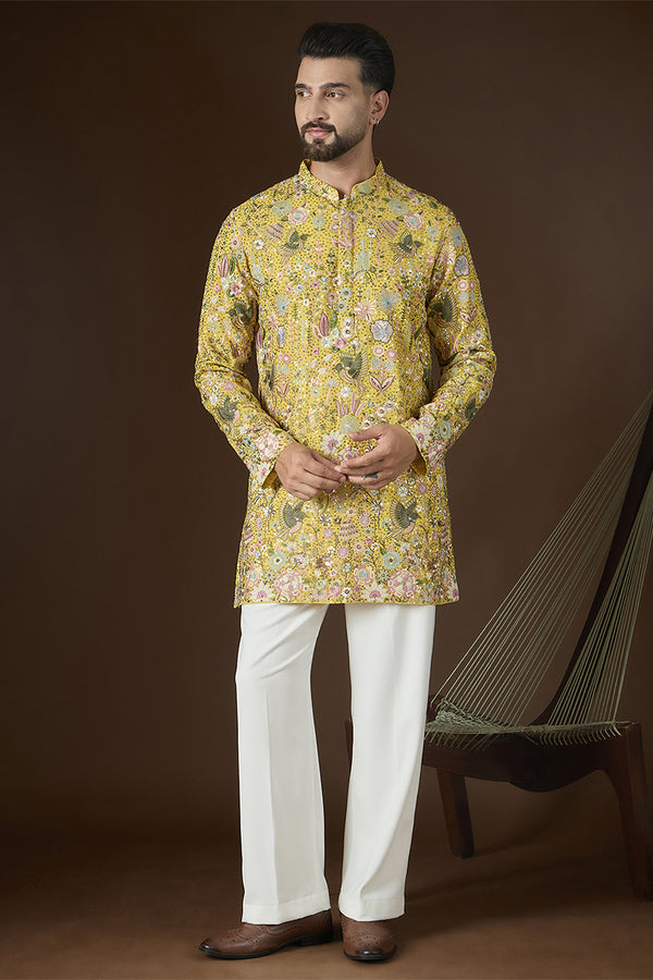 Yellow Georgette Solid Embroidered Kurta With Trouser MKSET2714