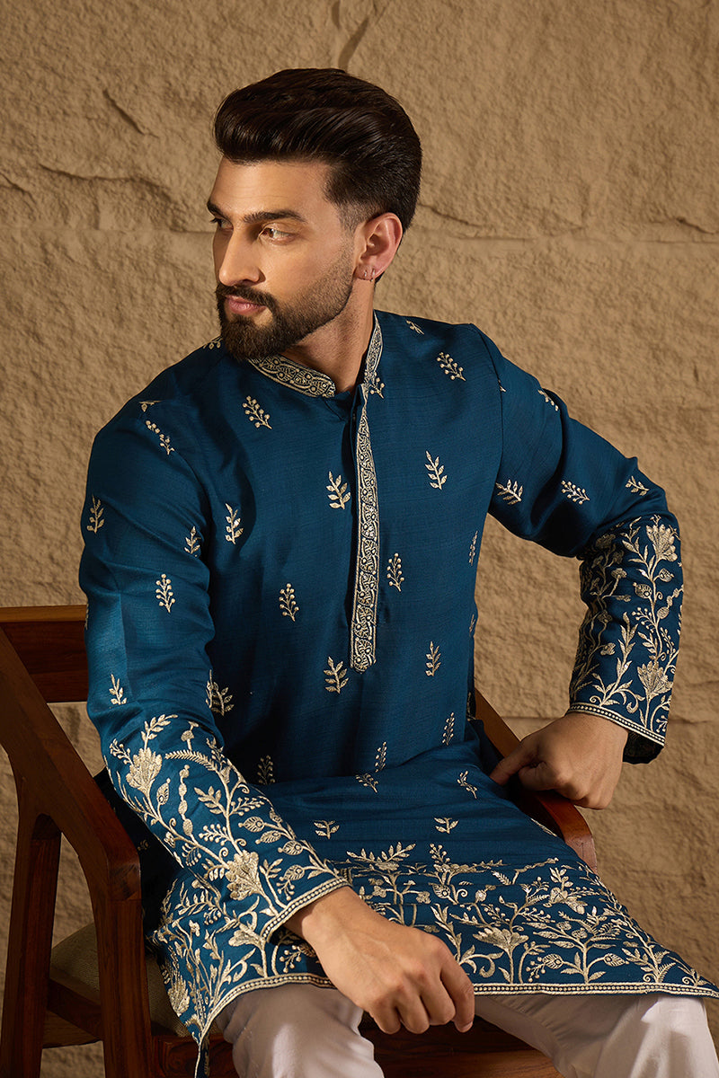 Blue Chanderi Silk Solid Embroidered Straight Kurta with Trouser MKSET1315