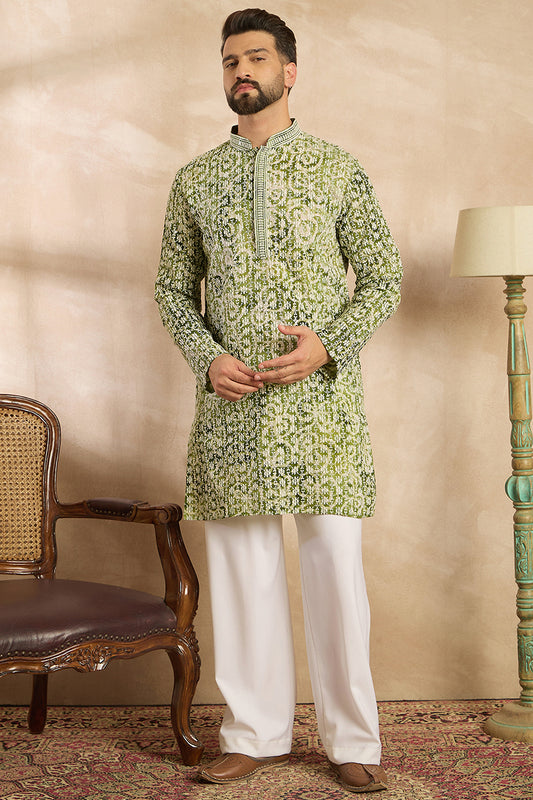 Green Viscose Rayon Batik Embroidered Straight Kurta With Trouser MKSET1717
