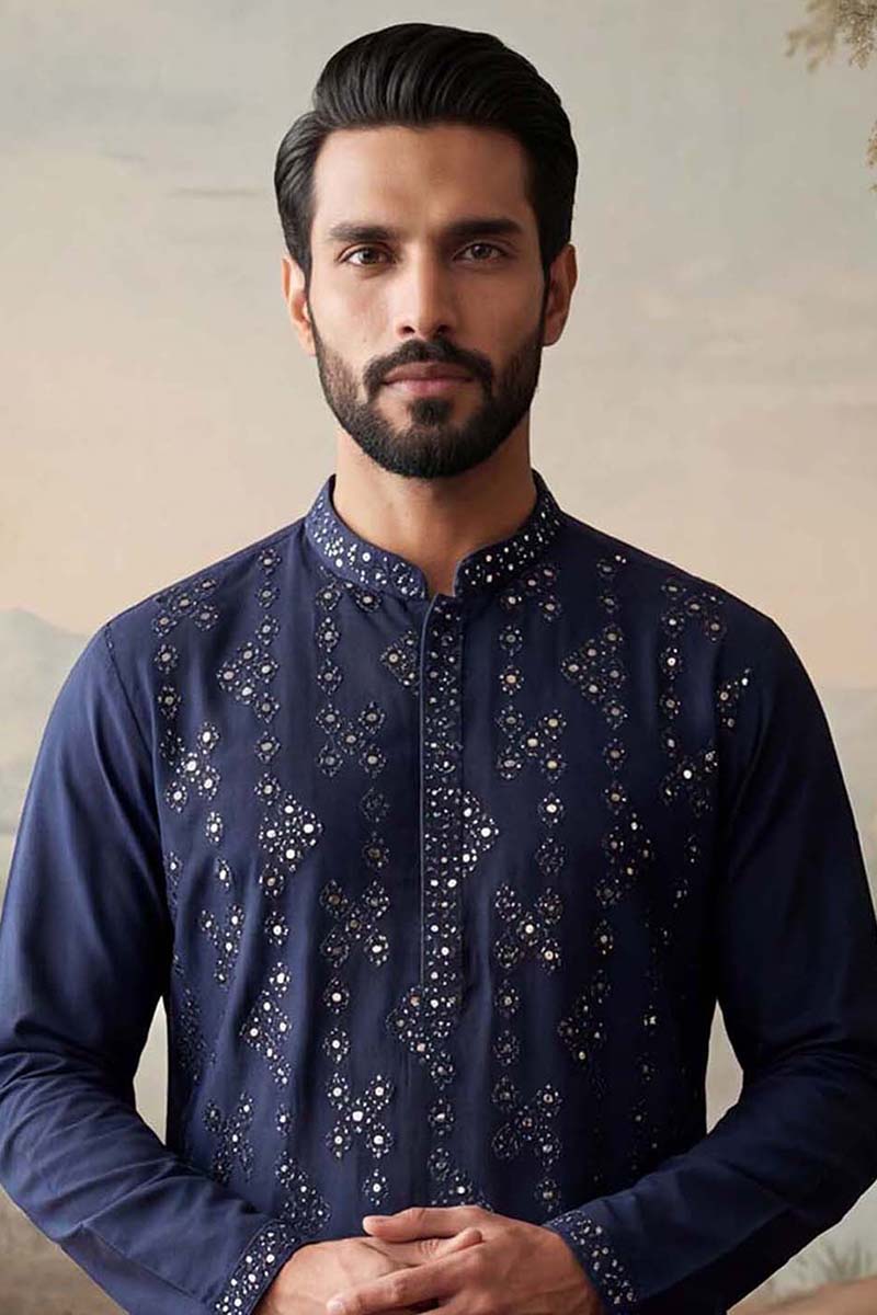 Blue Silk Blend Solid Embroidered Kurta MKU2075