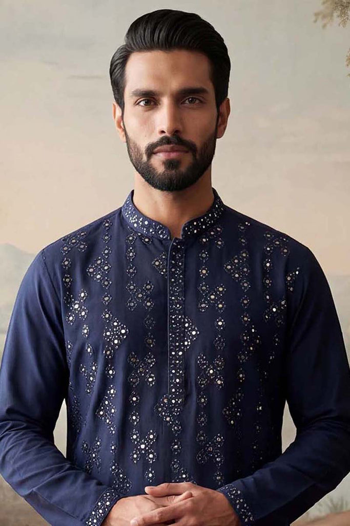 Blue Silk Blend Solid Embroidered Kurta MKU2075