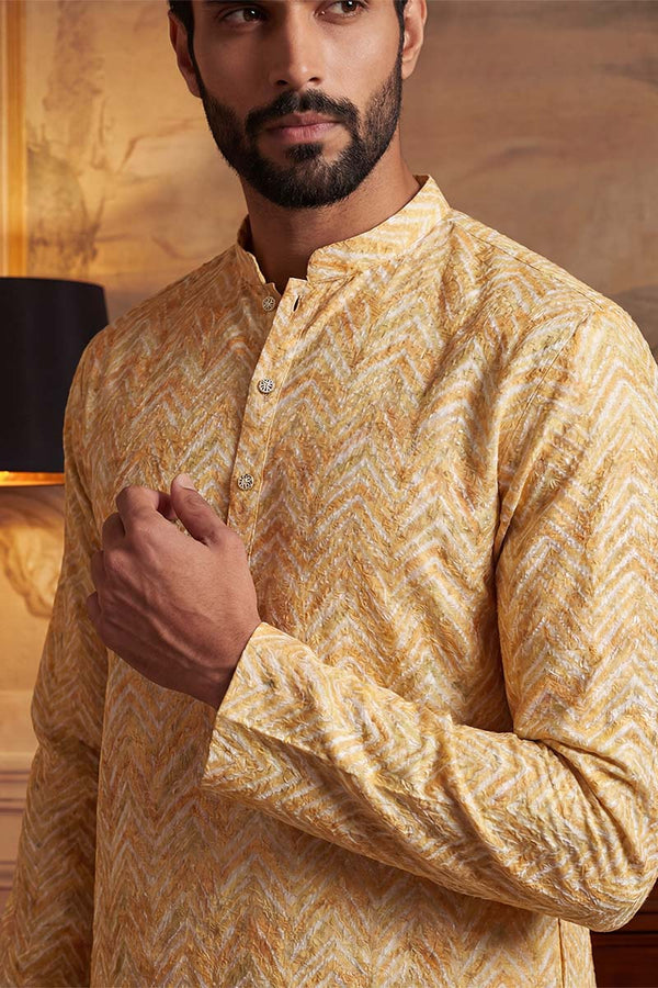 Yellow Cotton Blend Chevron Embroidered Kurta MKU2066