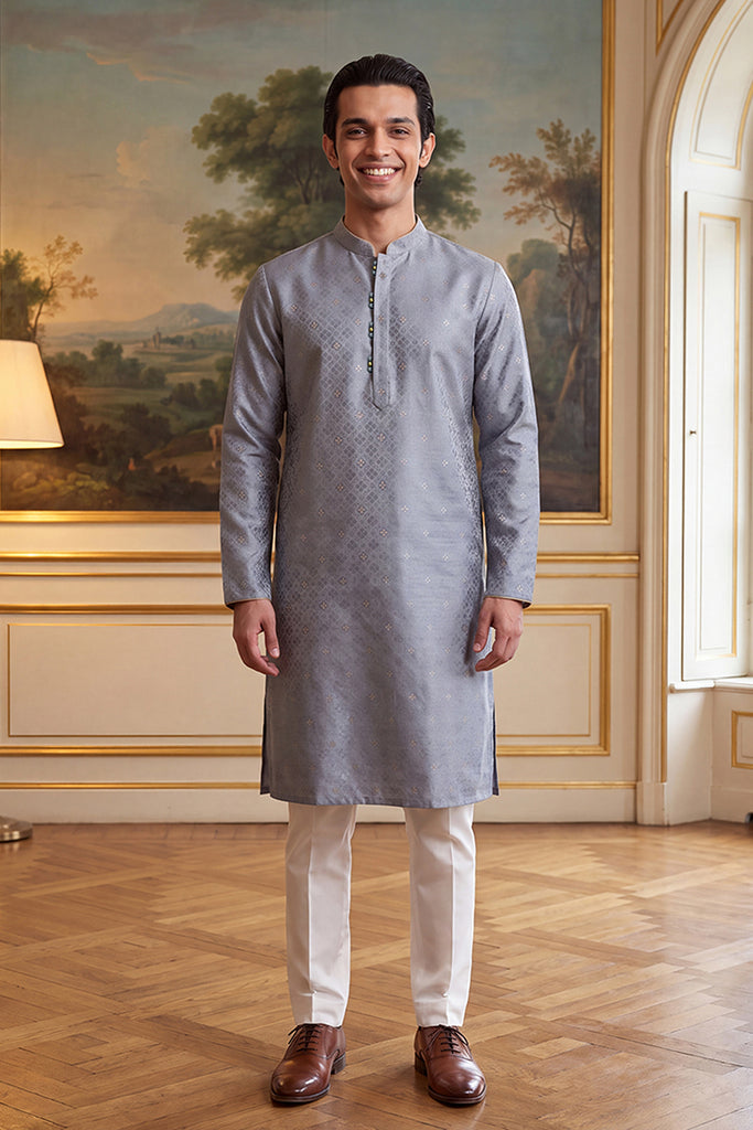 Grey Jacquard Ethnic Motifs Woven Design Kurta MKU2642