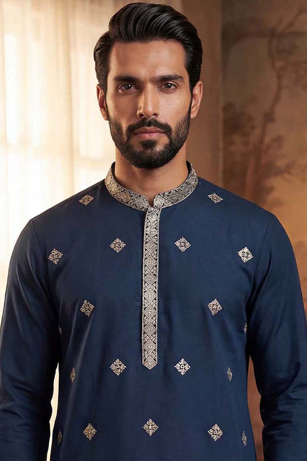 Silk Blend Blue Solid Embroidered Calf Length Straight Kurta MKU2099
