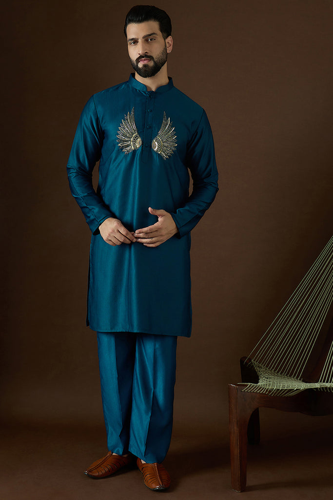 Navy Blue Silk Blend Solid Embroidered Kurta With Trouser MKSET2063