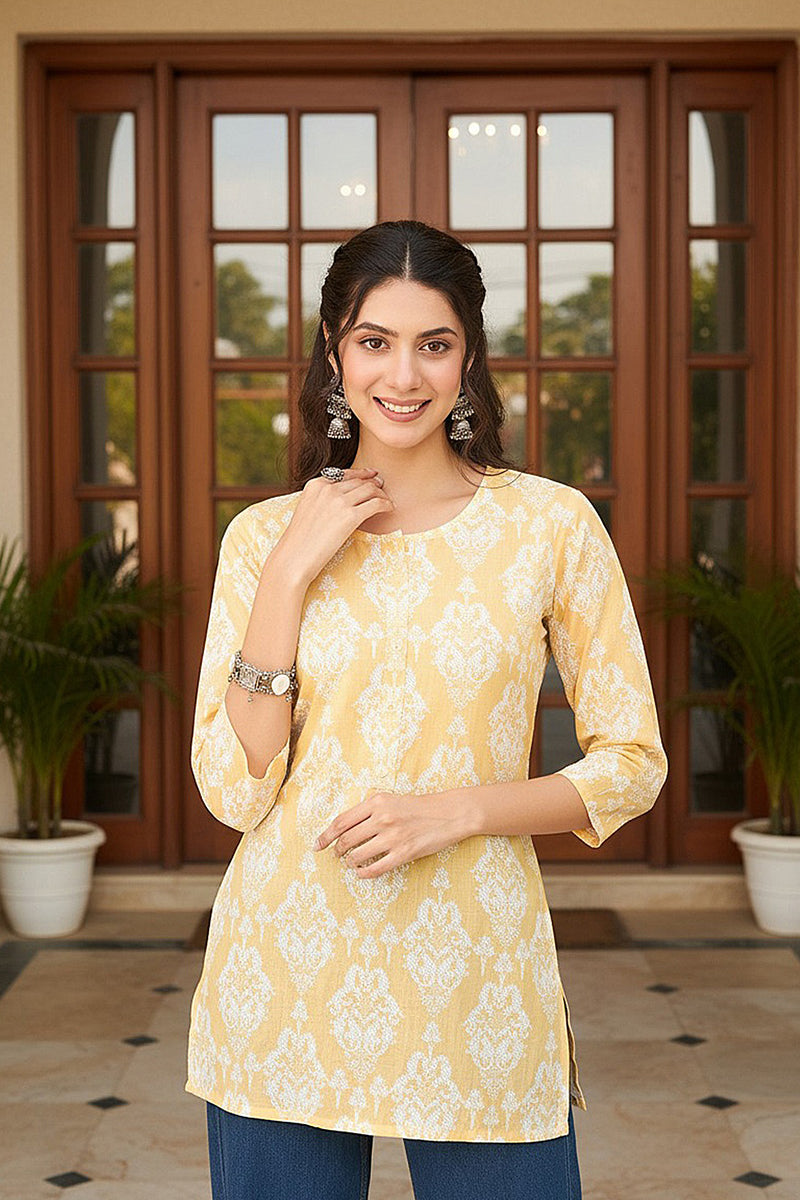 Yellow Cotton Blend Ethnic Motifs Printed Regular Top VT1389