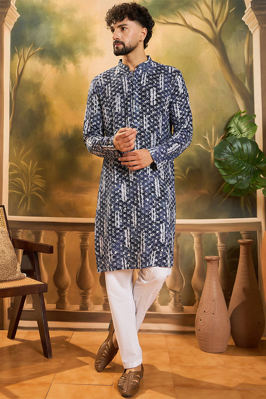 Blue Viscose Rayon Embroidered Straight Kurta MKU1475