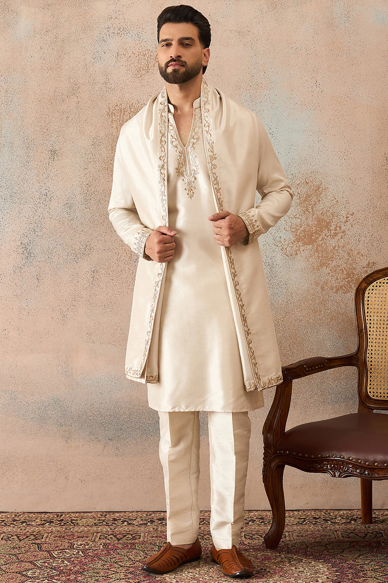 Off White Silk Blend Solid Embroidered Kurta With Dupatta MKUD1021