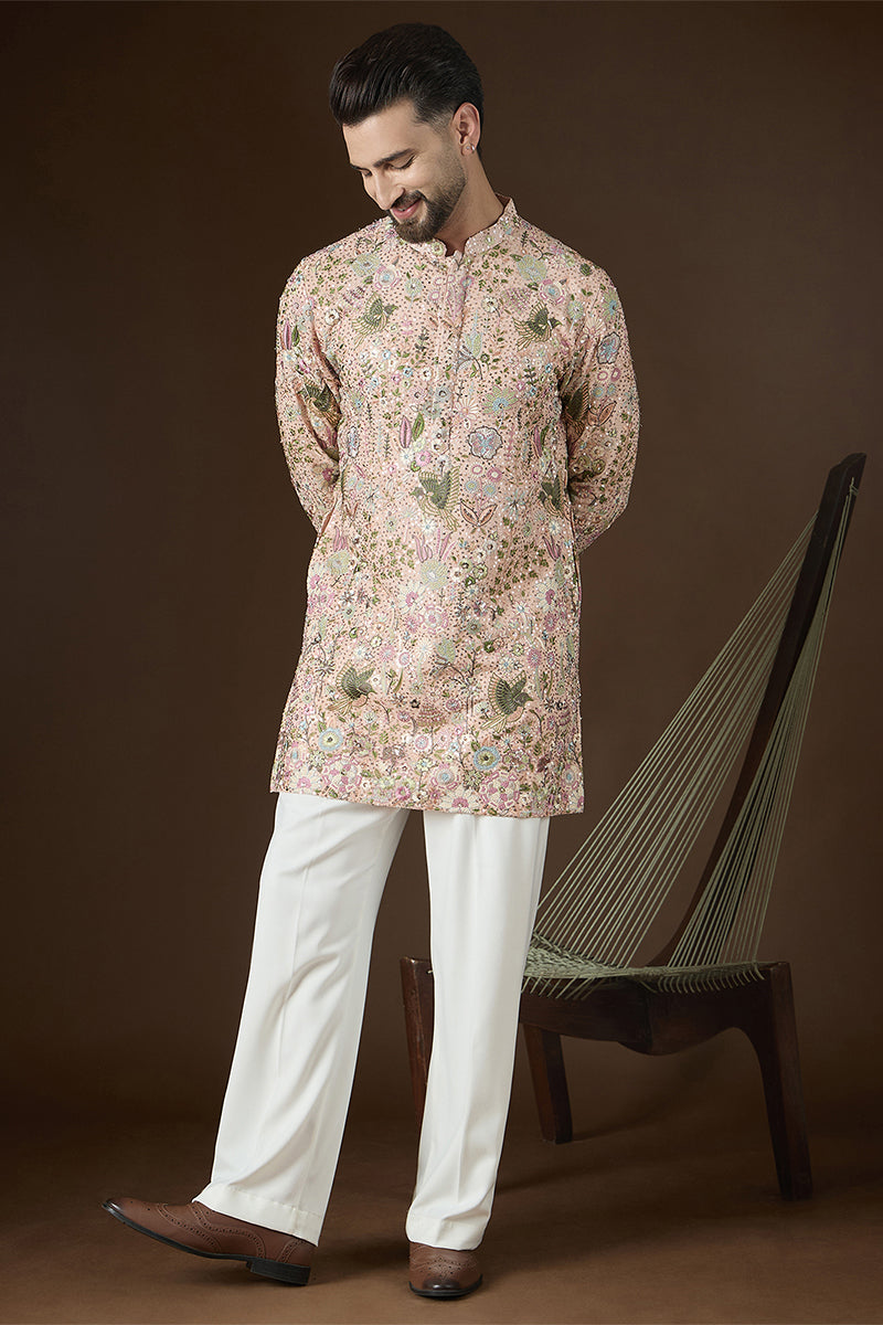 Peach Georgette Solid Embroidered Kurta With Trouser MKSET2726