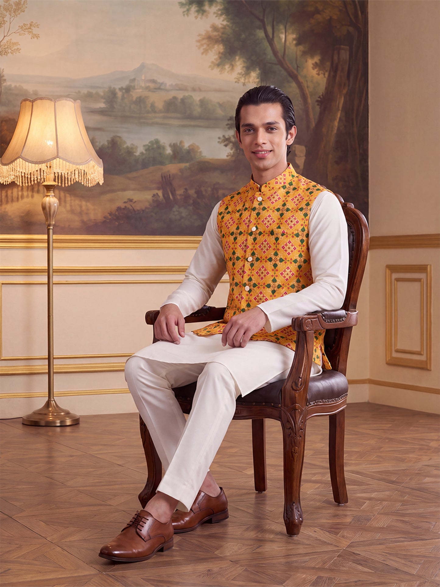 Yellow Silk Blend Patola Print Mandarine Collar Koti MKOT1050