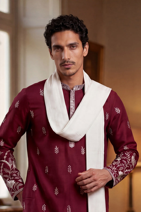 Maroon Silk Blend Solid Embroidered Straight Kurta with Dupatta MKUD1945