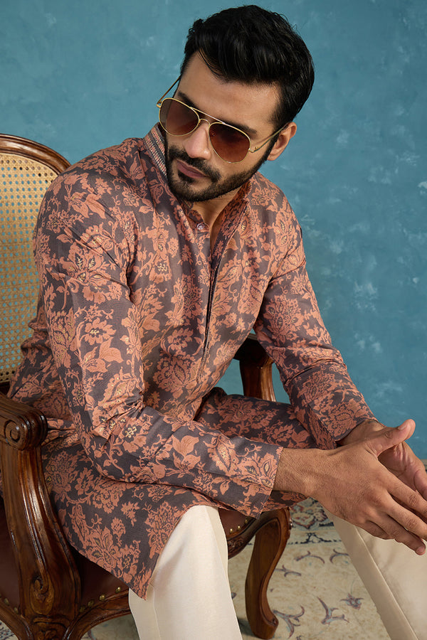 Grey Modal Floral Printed Calf Length Straight Regular Kurta With Trouser MKSET1980
