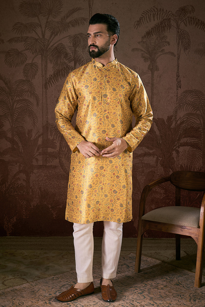 Yellow Silk Blend Floral Printed Straight Kurta With Trouser MKSET1946