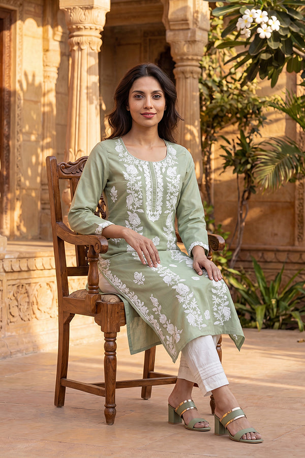 Green Viscose Rayon Solid Embroidered Regular Kurta VCK9813