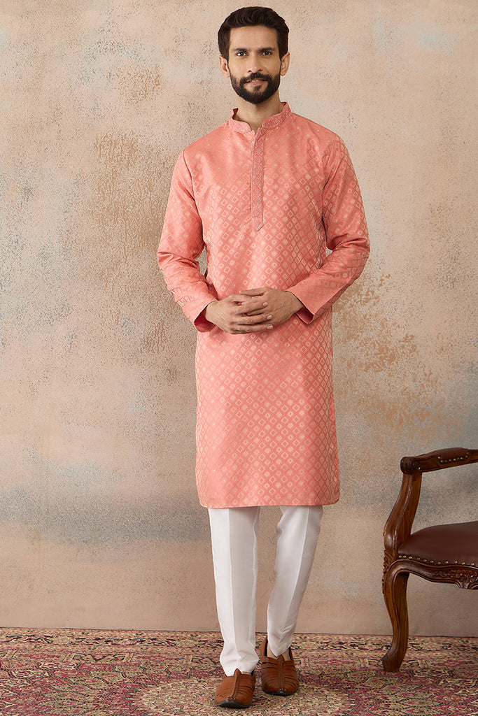 Coral Jacquard Ethnic Motifs Embroidered Kurta MKU2491