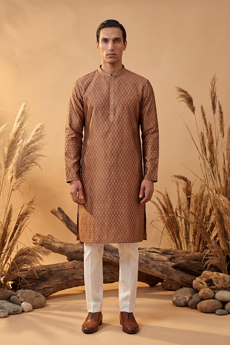Brown Jacquard Woven Design Straight Kurta With Trouser MKSET2343