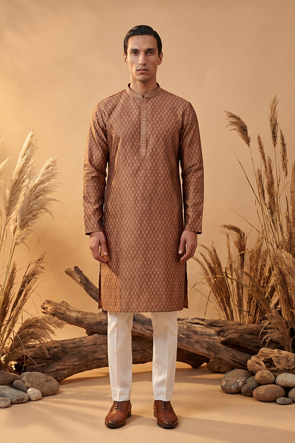 Brown Jacquard Woven Design Straight Kurta With Trouser MKSET2343