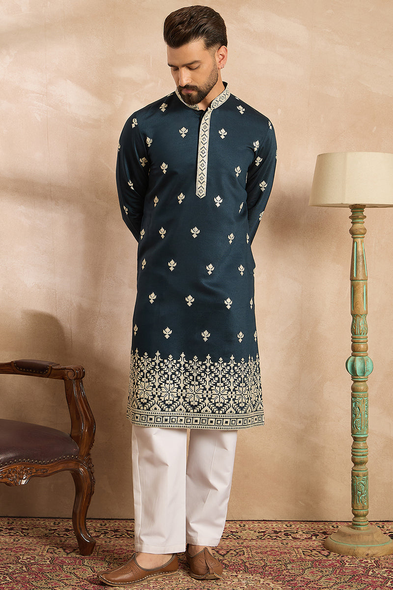 Navy Blue Polyester Solid Embroidered Straight Kurta With Trouser MKSET1810