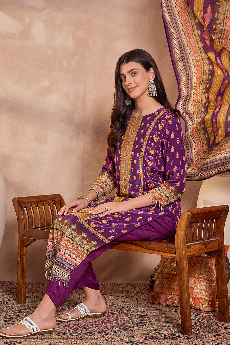 Purple Viscose Rayon Embroidered Kurta Trouser With Dupatta  HPKSKD2805