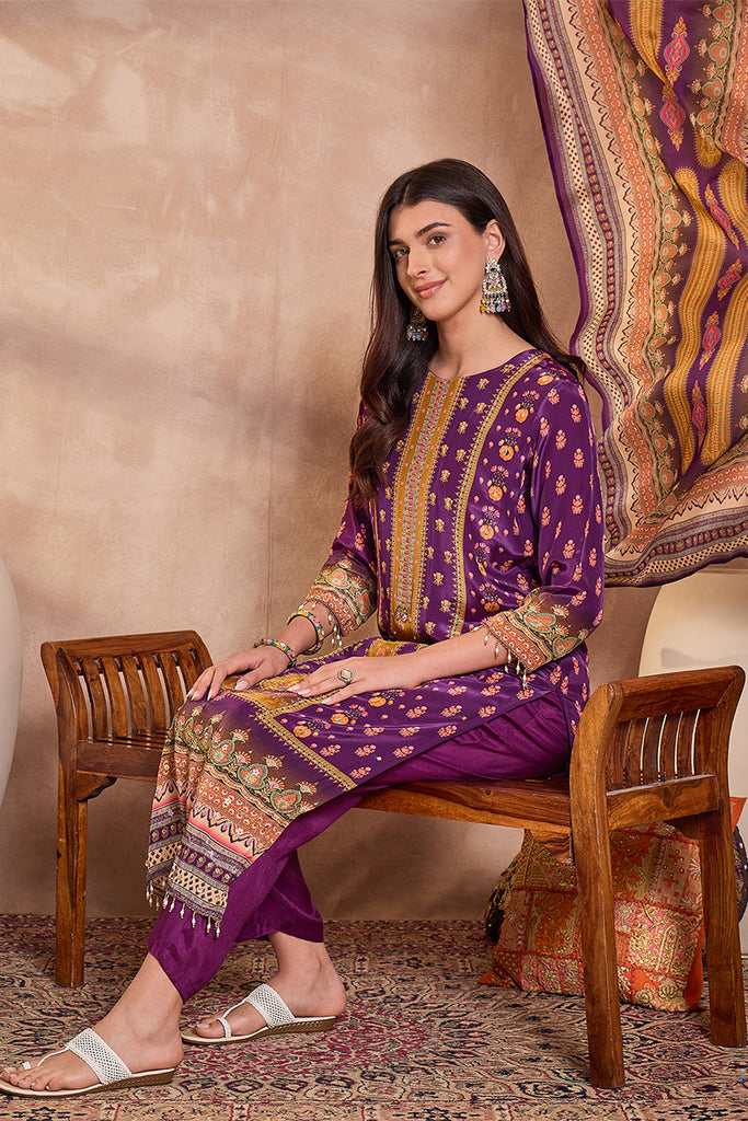 Purple Viscose Rayon Embroidered Kurta Trouser With Dupatta  HPKSKD2805