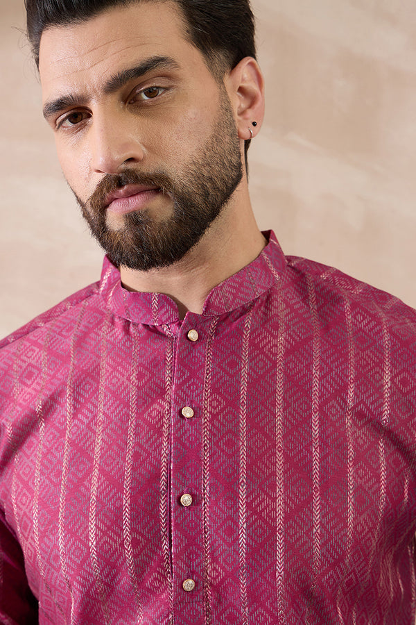 Pink Silk Blend Printed Mandarin Collar Straight Kurta With Trouser MKSET2114