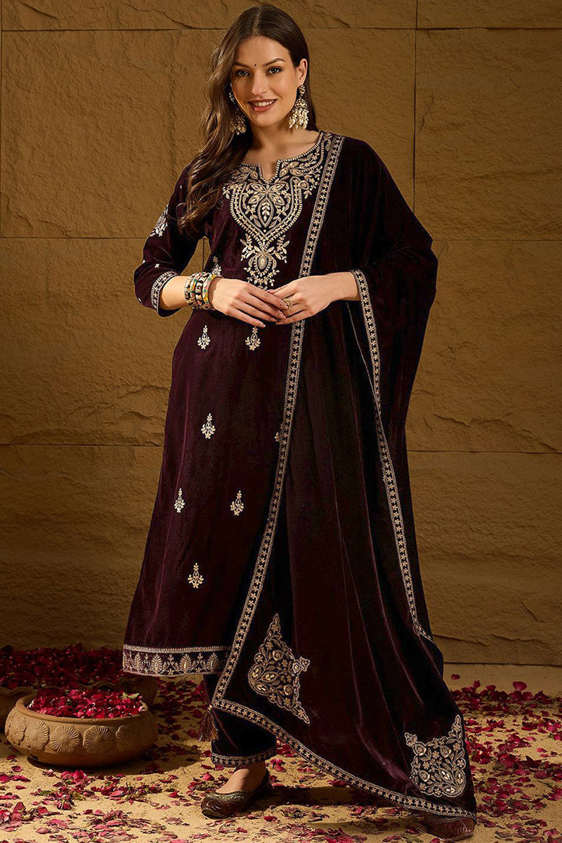 Purple Velvet Solid Embroidered Straight Trousers Suit Set PKSKD2254