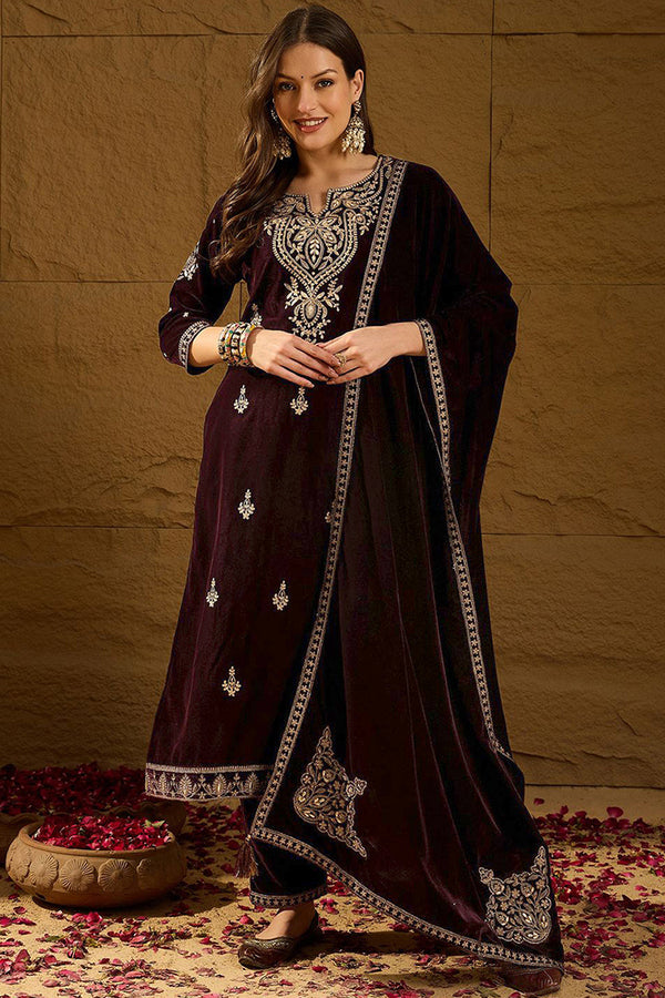 Purple Velvet Solid Embroidered Straight Trousers Suit Set PKSKD2254