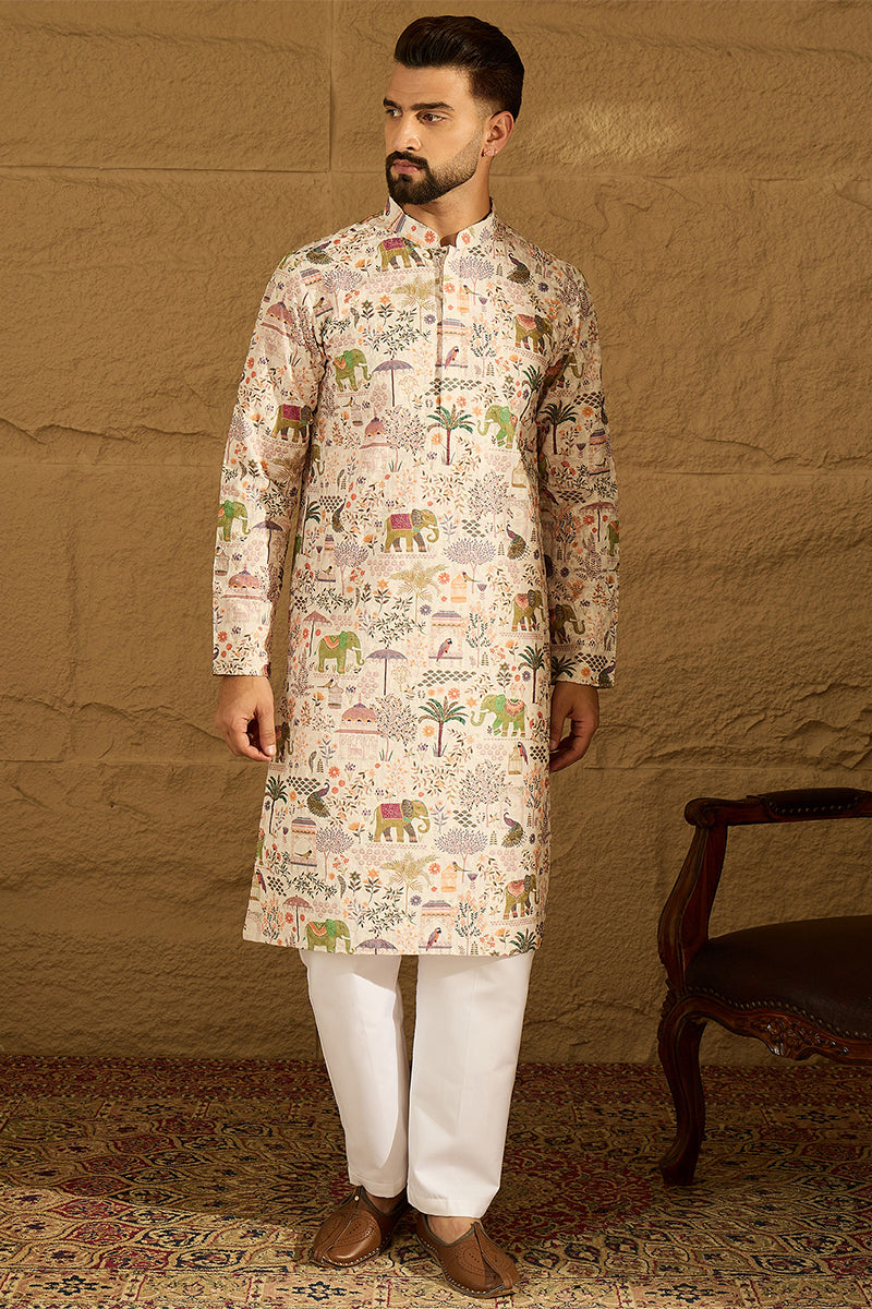 Cream Viscose Rayon Ethnic Motifs Printed Straight Kurta with Trouser MKSET1616