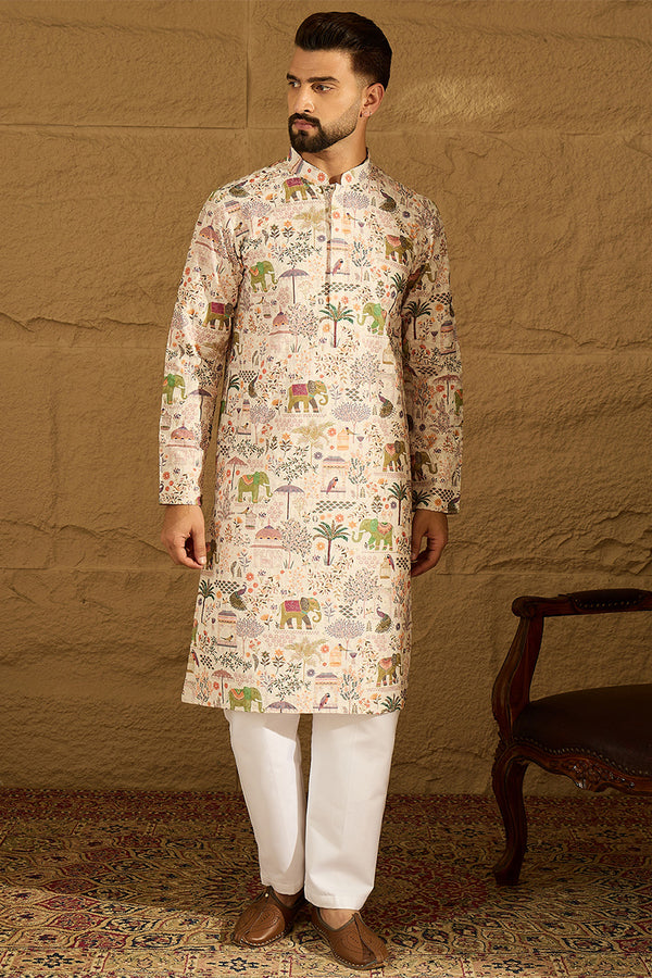 Cream Viscose Rayon Ethnic Motifs Printed Straight Kurta with Trouser MKSET1616