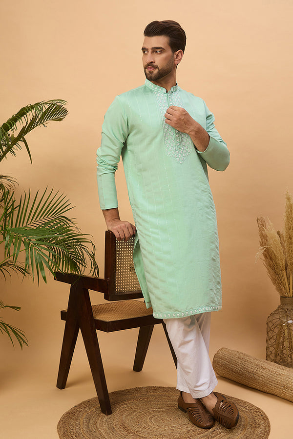 Blue Silk Blend Solid Embroidered Straight Kurta MKU1508