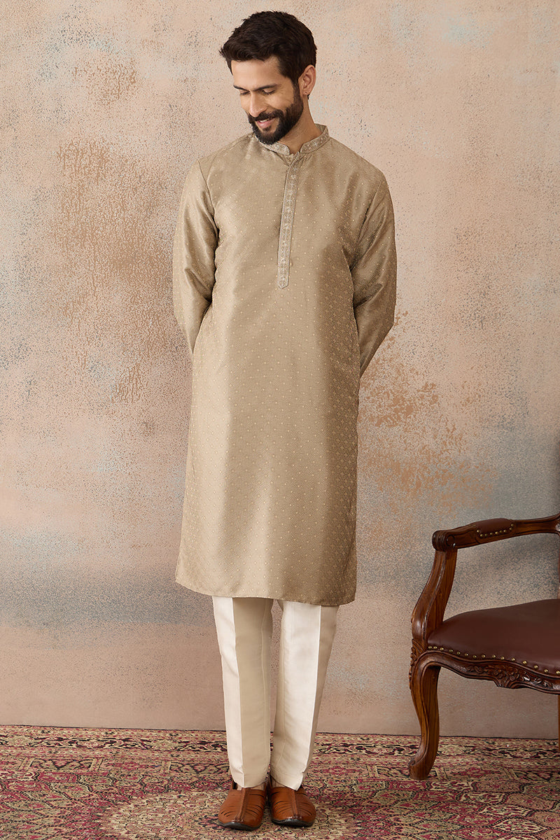 Beige Silk Blend Embroidered Solid Straight Kurta with Trousers  MKSET2326