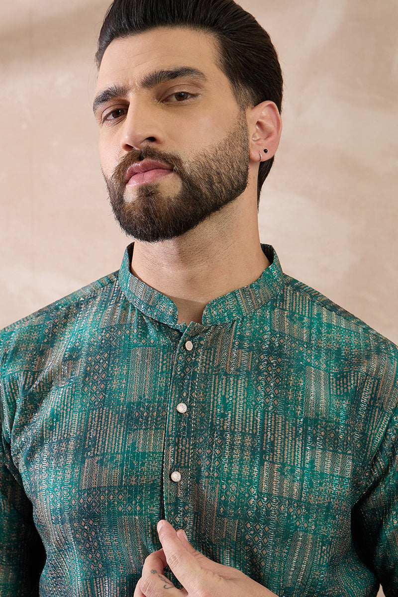 Green Silk Blend Printed Mandarin Collar Straight Kurta With Trouser MKSET2021